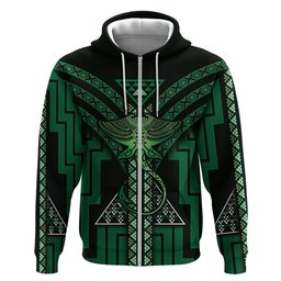 New Zealand Manta Ray Hoodie Maori Tukutuku Taniko Motifs Green