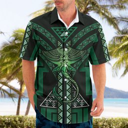 New Zealand Manta Ray Hawaiian Shirt Maori Tukutuku Taniko Motifs Green