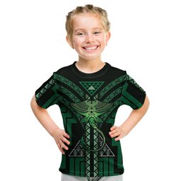 New Zealand Manta Ray Kid T Shirt Maori Tukutuku Taniko Motifs Green