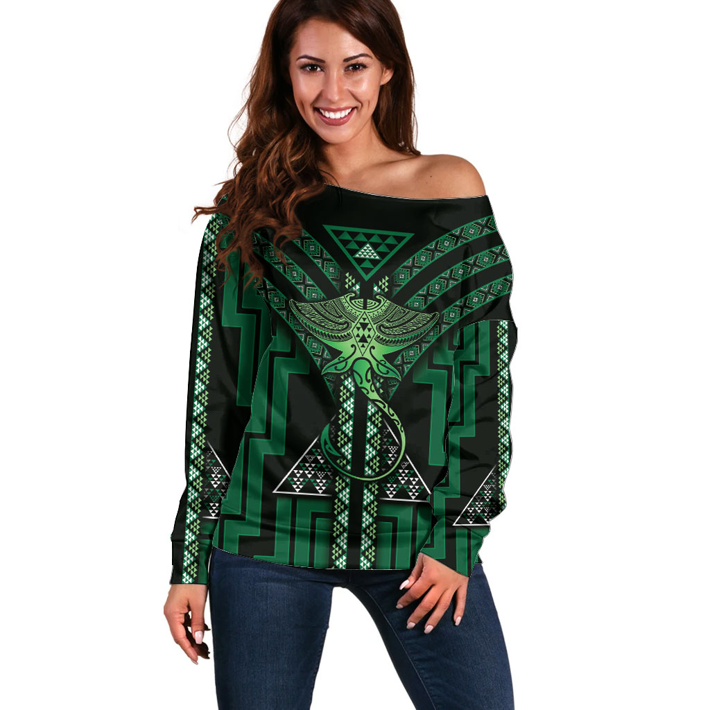 New Zealand Manta Ray Off Shoulder Sweater Maori Tukutuku Taniko Motifs Green