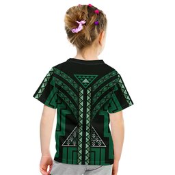 New Zealand Manta Ray Kid T Shirt Maori Tukutuku Taniko Motifs Green