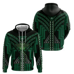 New Zealand Manta Ray Zip Hoodie Maori Tukutuku Taniko Motifs Green