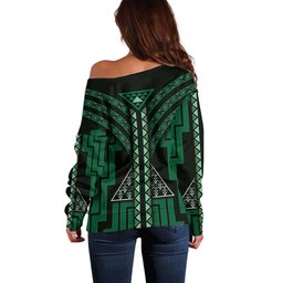 New Zealand Manta Ray Off Shoulder Sweater Maori Tukutuku Taniko Motifs Green