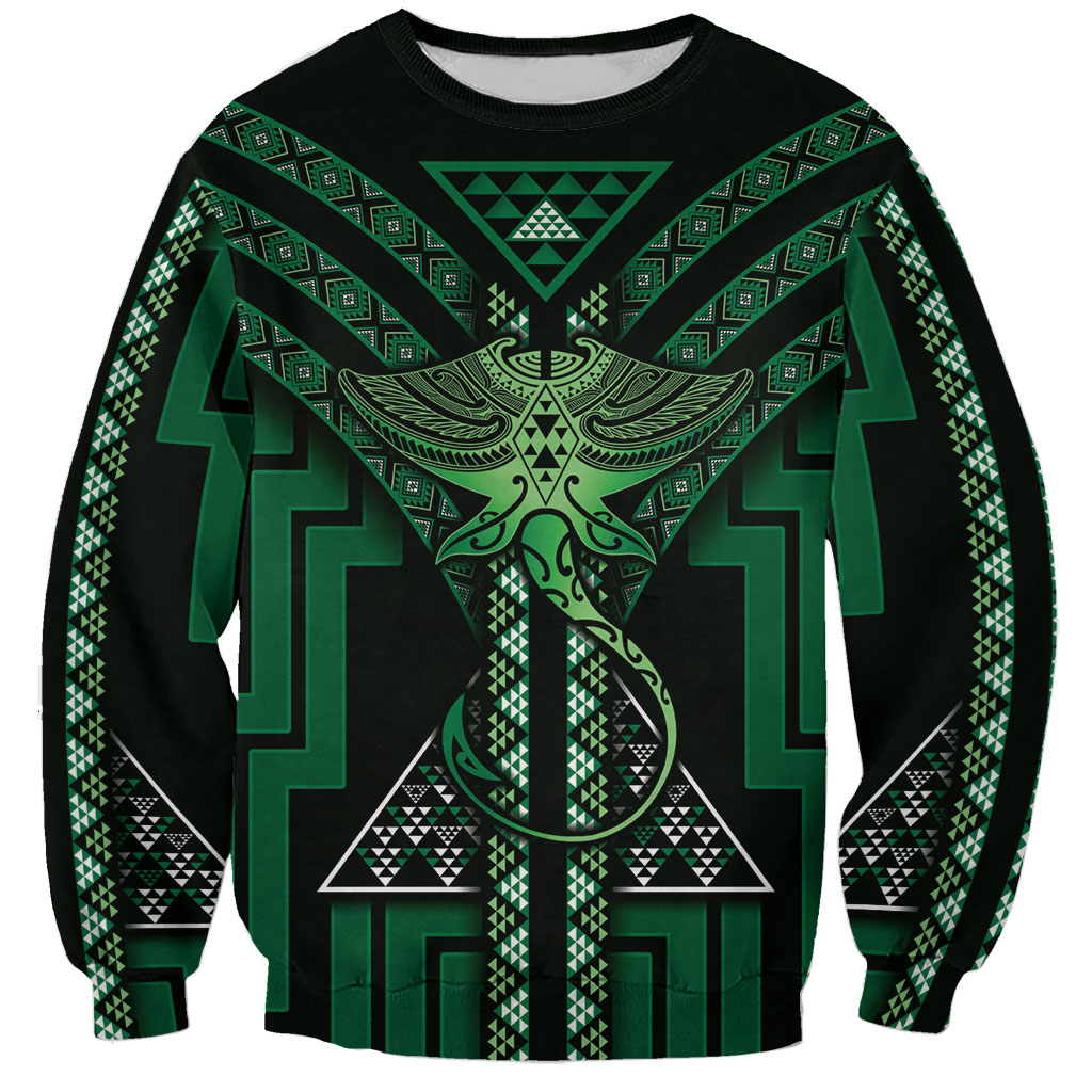 New Zealand Manta Ray Sweatshirt Maori Tukutuku Taniko Motifs Green