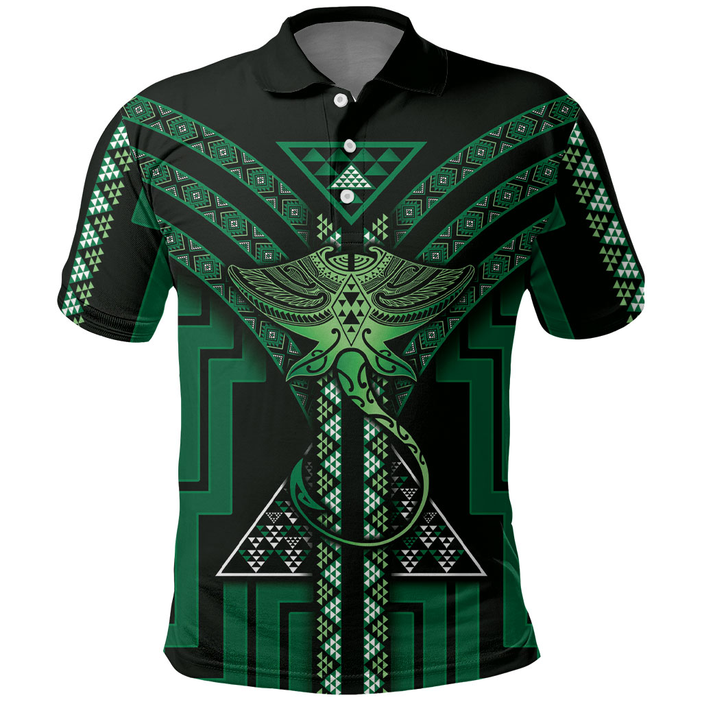 New Zealand Manta Ray Polo Shirt Maori Tukutuku Taniko Motifs Green