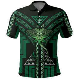 New Zealand Manta Ray Polo Shirt Maori Tukutuku Taniko Motifs Green