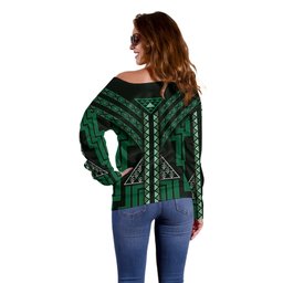 New Zealand Manta Ray Off Shoulder Sweater Maori Tukutuku Taniko Motifs Green