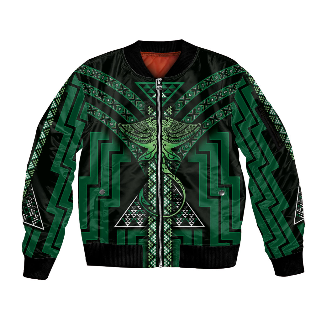 New Zealand Manta Ray Sleeve Zip Bomber Jacket Maori Tukutuku Taniko Motifs Green
