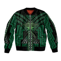 New Zealand Manta Ray Sleeve Zip Bomber Jacket Maori Tukutuku Taniko Motifs Green