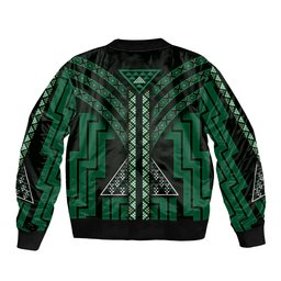 New Zealand Manta Ray Sleeve Zip Bomber Jacket Maori Tukutuku Taniko Motifs Green