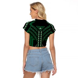 New Zealand Manta Ray Raglan Cropped T Shirt Maori Tukutuku Taniko Motifs Green