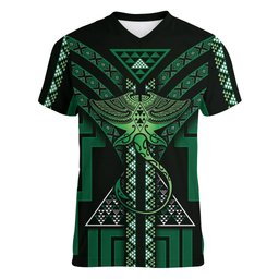 New Zealand Manta Ray Women V-Neck T-Shirt Maori Tukutuku Taniko Motifs Green