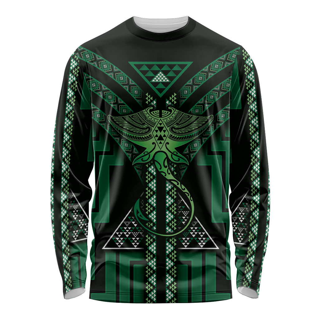 New Zealand Manta Ray Long Sleeve Shirt Maori Tukutuku Taniko Motifs Green