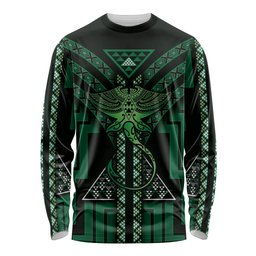 New Zealand Manta Ray Long Sleeve Shirt Maori Tukutuku Taniko Motifs Green