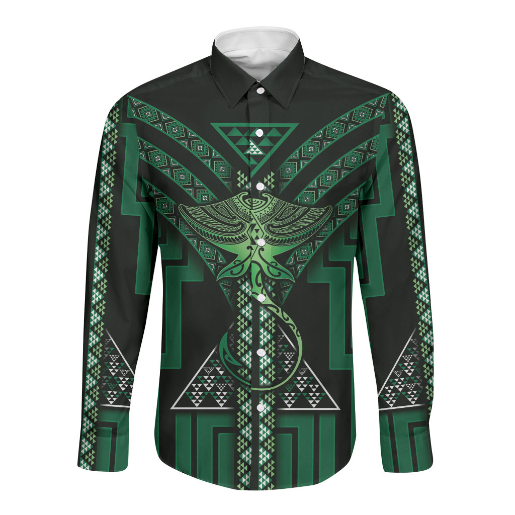 New Zealand Manta Ray Long Sleeve Button Shirt Maori Tukutuku Taniko Motifs Green