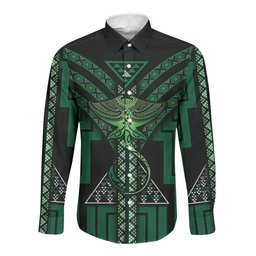 New Zealand Manta Ray Long Sleeve Button Shirt Maori Tukutuku Taniko Motifs Green