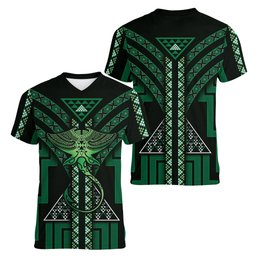 New Zealand Manta Ray Women V-Neck T-Shirt Maori Tukutuku Taniko Motifs Green