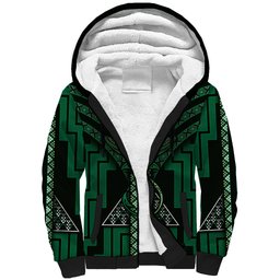 New Zealand Manta Ray Sherpa Hoodie Maori Tukutuku Taniko Motifs Green