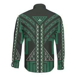 New Zealand Manta Ray Long Sleeve Button Shirt Maori Tukutuku Taniko Motifs Green