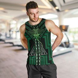 New Zealand Manta Ray Men Tank Top Maori Tukutuku Taniko Motifs Green