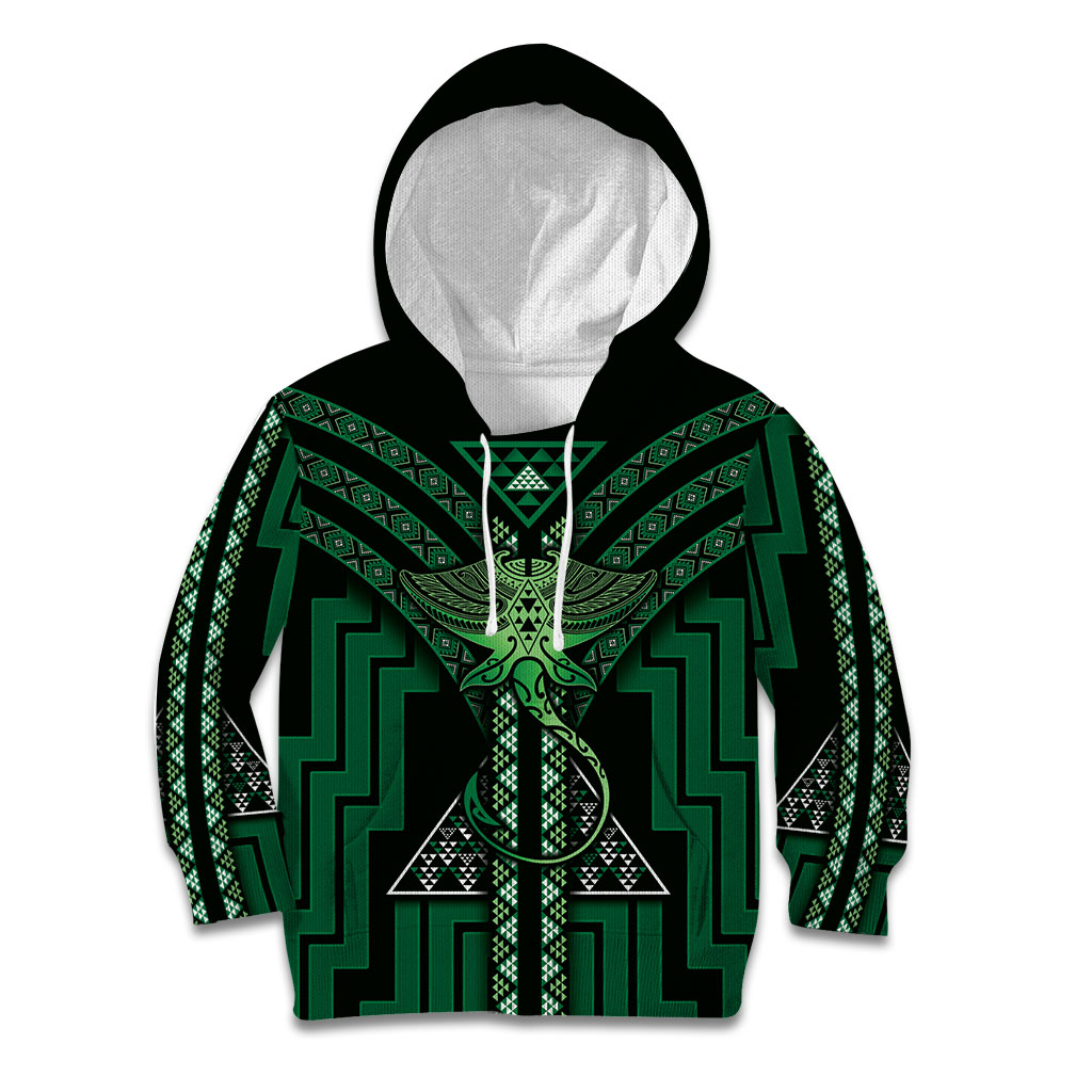 New Zealand Manta Ray Kid Hoodie Maori Tukutuku Taniko Motifs Green