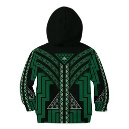 New Zealand Manta Ray Kid Hoodie Maori Tukutuku Taniko Motifs Green