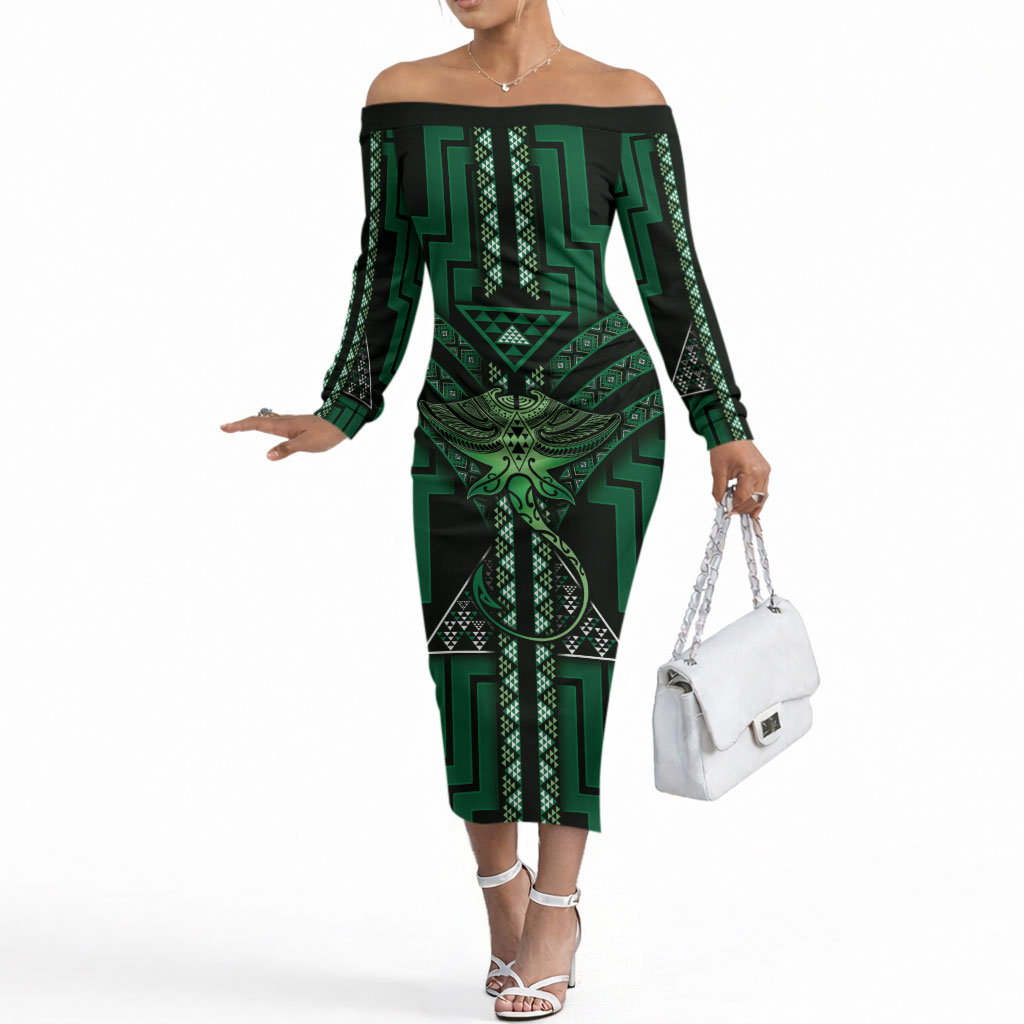 New Zealand Manta Ray Off The Shoulder Long Sleeve Dress Maori Tukutuku Taniko Motifs Green