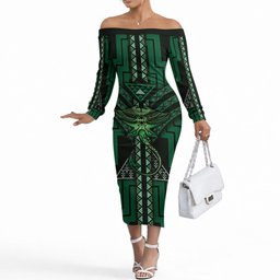 New Zealand Manta Ray Off The Shoulder Long Sleeve Dress Maori Tukutuku Taniko Motifs Green