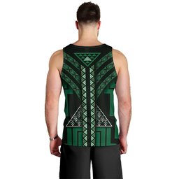 New Zealand Manta Ray Men Tank Top Maori Tukutuku Taniko Motifs Green