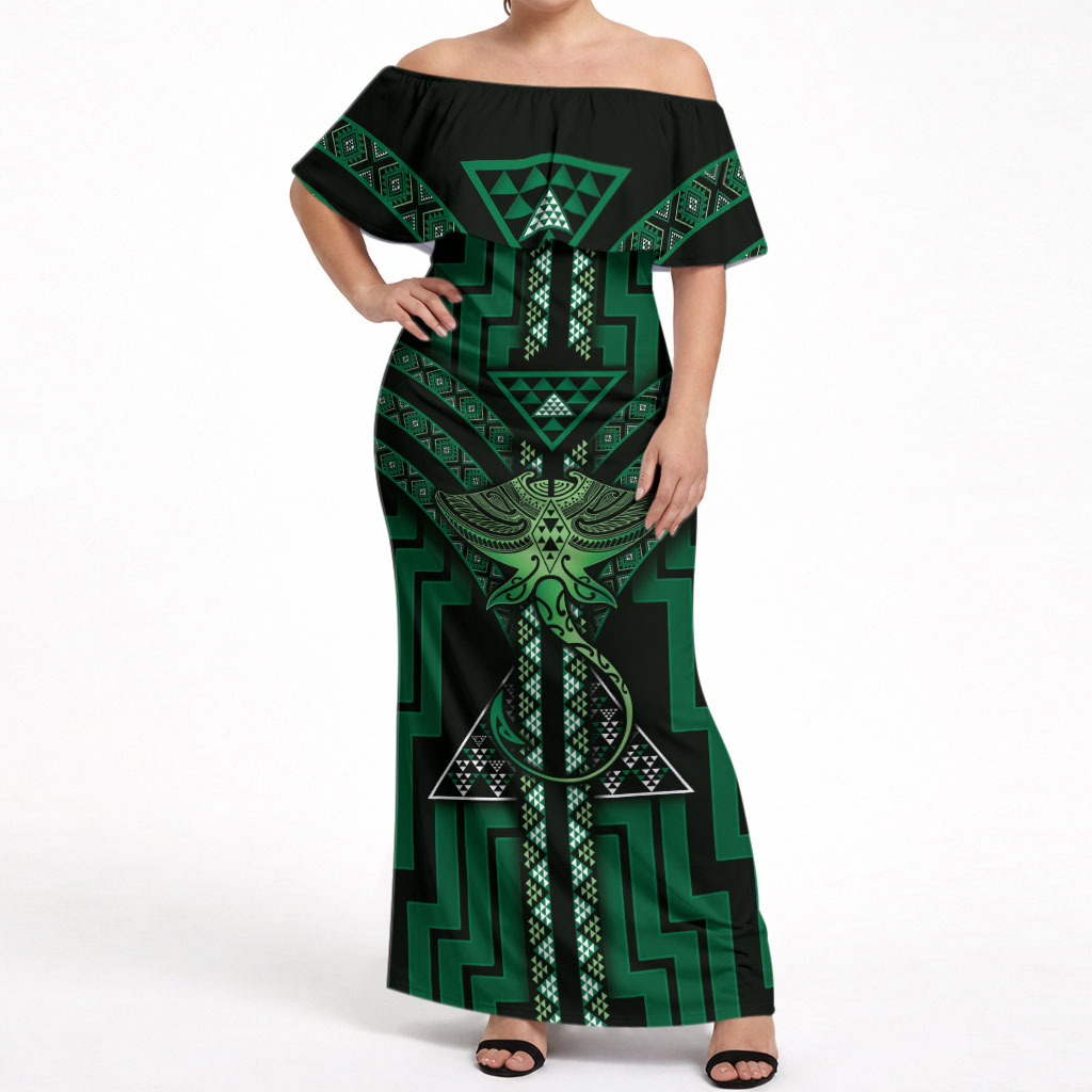 New Zealand Manta Ray Off Shoulder Maxi Dress Maori Tukutuku Taniko Motifs Green