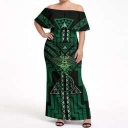 New Zealand Manta Ray Off Shoulder Maxi Dress Maori Tukutuku Taniko Motifs Green