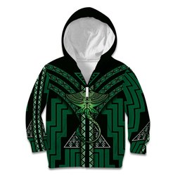 New Zealand Manta Ray Kid Hoodie Maori Tukutuku Taniko Motifs Green