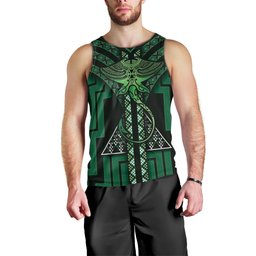 New Zealand Manta Ray Men Tank Top Maori Tukutuku Taniko Motifs Green