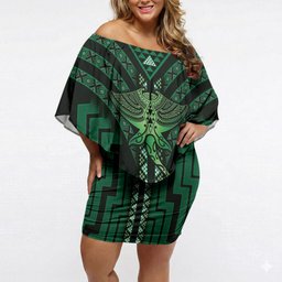 New Zealand Manta Ray Off Shoulder Short Dress Maori Tukutuku Taniko Motifs Green