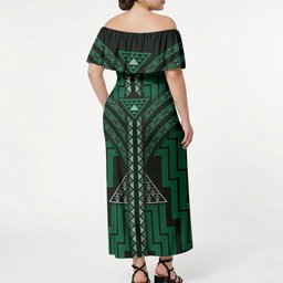 New Zealand Manta Ray Off Shoulder Maxi Dress Maori Tukutuku Taniko Motifs Green