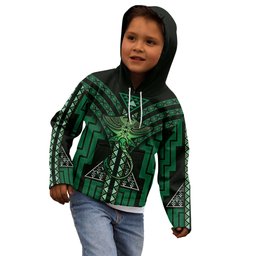 New Zealand Manta Ray Kid Hoodie Maori Tukutuku Taniko Motifs Green