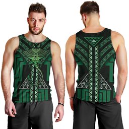 New Zealand Manta Ray Men Tank Top Maori Tukutuku Taniko Motifs Green