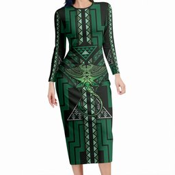 New Zealand Manta Ray Long Sleeve Bodycon Dress Maori Tukutuku Taniko Motifs Green