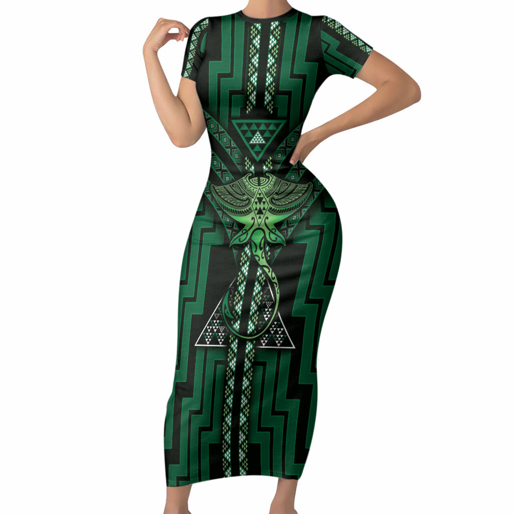 New Zealand Manta Ray Short Sleeve Bodycon Dress Maori Tukutuku Taniko Motifs Green