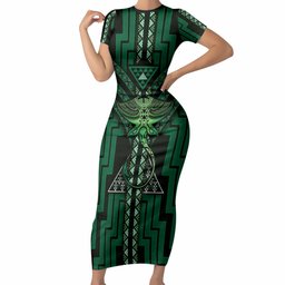 New Zealand Manta Ray Short Sleeve Bodycon Dress Maori Tukutuku Taniko Motifs Green