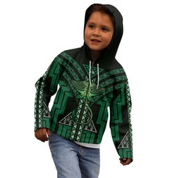 New Zealand Manta Ray Kid Hoodie Maori Tukutuku Taniko Motifs Green
