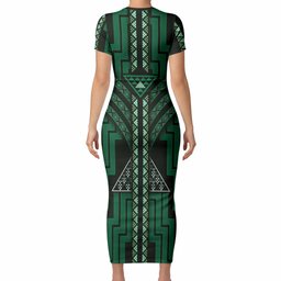 New Zealand Manta Ray Short Sleeve Bodycon Dress Maori Tukutuku Taniko Motifs Green