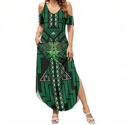 New Zealand Manta Ray Summer Maxi Dress Maori Tukutuku Taniko Motifs Green