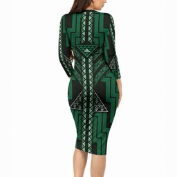 New Zealand Manta Ray Long Sleeve Bodycon Dress Maori Tukutuku Taniko Motifs Green