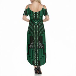 New Zealand Manta Ray Summer Maxi Dress Maori Tukutuku Taniko Motifs Green