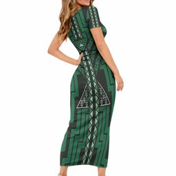 New Zealand Manta Ray Short Sleeve Bodycon Dress Maori Tukutuku Taniko Motifs Green