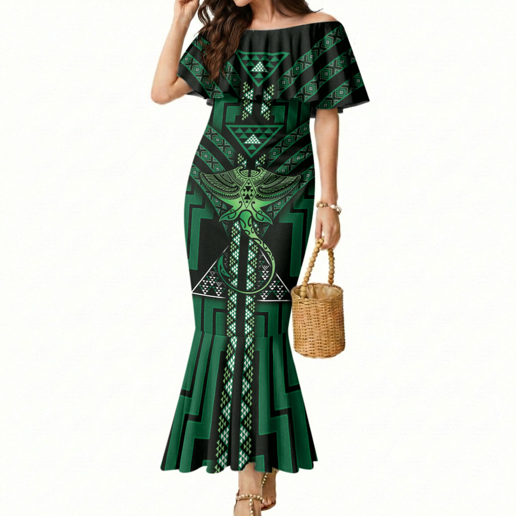 New Zealand Manta Ray Mermaid Dress Maori Tukutuku Taniko Motifs Green