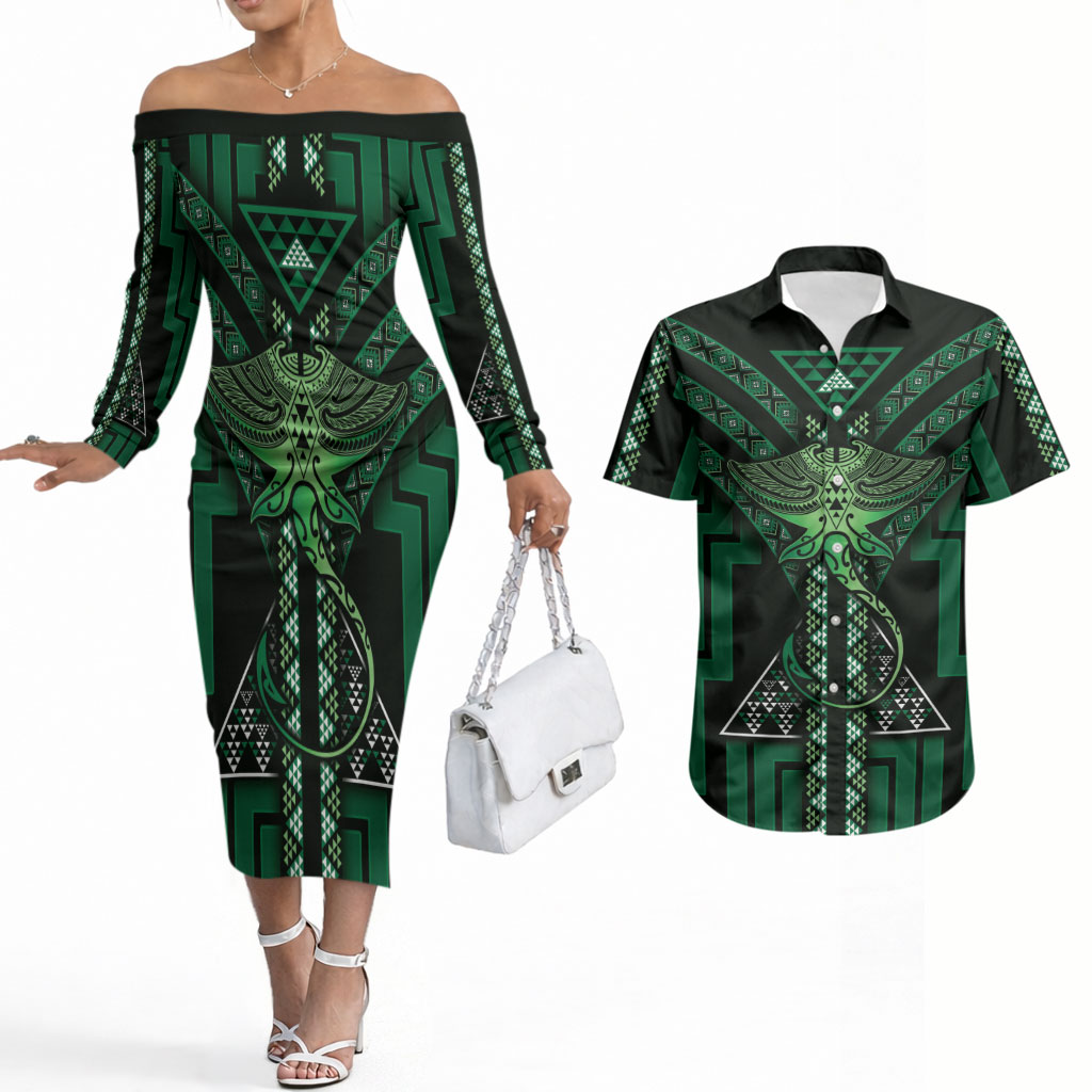 New Zealand Manta Ray Couples Matching Off The Shoulder Long Sleeve Dress and Hawaiian Shirt Maori Tukutuku Taniko Motifs Green