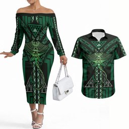 New Zealand Manta Ray Couples Matching Off The Shoulder Long Sleeve Dress and Hawaiian Shirt Maori Tukutuku Taniko Motifs Green