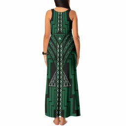 New Zealand Manta Ray Tank Maxi Dress Maori Tukutuku Taniko Motifs Green